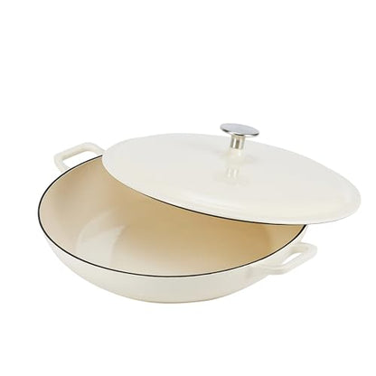 Amazon Basics Enameled Cast Iron - Covered Round Casserole Skillet with Lid, Oven Safe - 500°F, Even Heat Distribution, 3.3-Quart, White