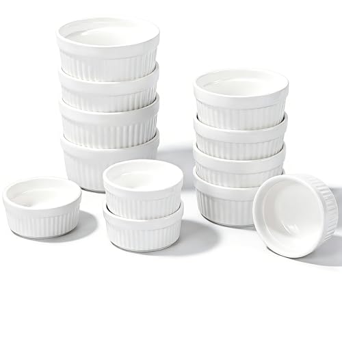 12 Pcs Ceramic Ramekins Oven Safe, Creme Brulee Ramekins for Baking, Small Bowls Dipping Sauce Dish Classic Style, Set of 12（2.5 oz 5 oz 8 oz）