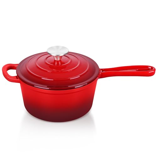 TeamFar Enameled Cast Iron Sauce Pan, 1QT Small Sauce Pot with Lid, Mini Dutch Oven Saucepan for Cooking/Simmering/Baking/Boiling, Sturdy & Nonstick, Oven Safe & Fit for Induction-Red