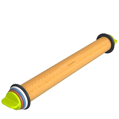 Aguegro Rolling Pin with Adjustable Thickness Ring, Dough Thickness for Baking, Fondant, Pizza, Crust, Cookies, Pastry, 13.6'' Wooden Rolling Pin with 4 Multi-Color Thickness Rings