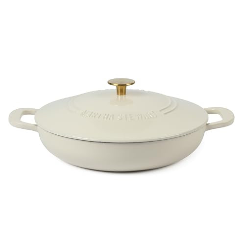 Martha Stewart Gatwick 3.5-Quart Enameled Cast Iron Dutch Oven Braiser – Linen with Gold Knob – Durable Heavy-Duty Braising Pot for Slow Cooking and Searing