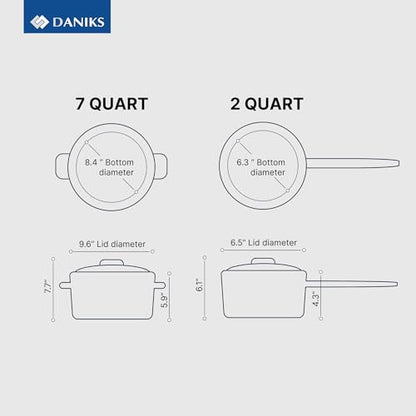 Daniks Standard 9-Piece Stainless Steel Cookware Set with Glass Lids, Includes Saucepan, Tri-Ply Bases for Even Heating, Induction Compatible, Dishwasher Safe, Built-In Measuring Scale, Silver