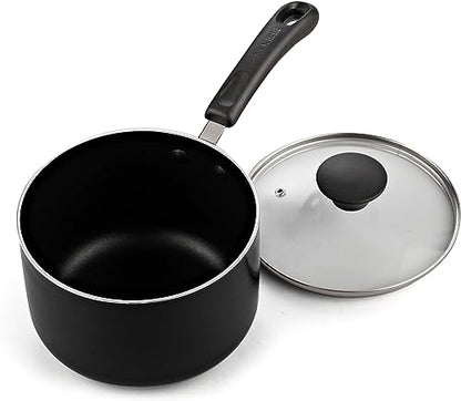 Cook N Home Basic Nonstick Saucepan with Glass Lid, Non Stick Aluminum Sauce Pan, Multi-purpose Kitchen Pot, Milk Chocolate Cooking Pot Pan with Stay-Cool Handle, 3-Quart, Black