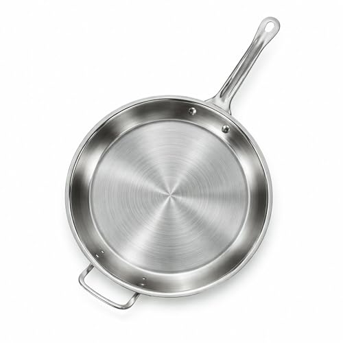 16" Stainless Steel Frying Pan, Tri-Ply Steel With Aluminum-Clad Bottom, Helper Handle, Induction Gas And Electric Compatible, Skillet Saute Pan For Omelette Pancake Egg