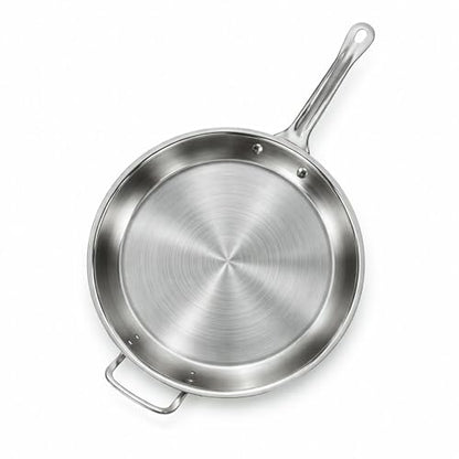 16" Stainless Steel Frying Pan, Tri-Ply Steel With Aluminum-Clad Bottom, Helper Handle, Induction Gas And Electric Compatible, Skillet Saute Pan For Omelette Pancake Egg