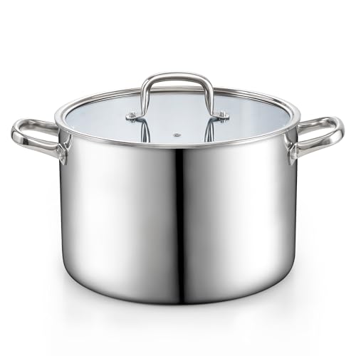 Cook N Home Classic Tri-Ply Clad Stock Pot, Stainless Steel Stock Pot with Lid, Cooking Pot for Pasta, Spaghetti, Large Soup Pot with Handle, Cookware for Canning, Boiling, Simmer, Oven Safe, 12-QT