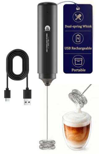 Rechargeable Milk Frother Handheld, 2-IN-1 Dual Spring Whisk Electric Frother Wand for Cappuccino Latte Macchiato, Portable Drink Mixer for Coffee, Matcha, Hot Chocolate
