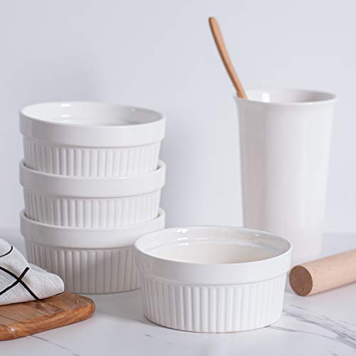 DELLING Ramekins 12 Oz Oven Safe Set of 6, Porcelain Souffle Dish for Baking - Creme Brulee Bowls for French Onion Soup Lava Cake Pudding, Stackable, White