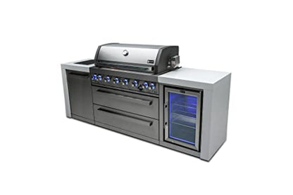 Mont Alpi Deluxe Series Stainless Steel 94"W x 23"D Modular Outdoor Kitchen Island + Side Burner + Refrigerator + 44"W 6-Burner BBQ Gas Grill + White Granite Countertops + Storage Cabinets & Drawers