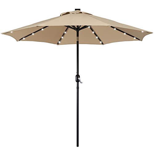 Yaheetech 9FT Solar Powered Patio Umbrella - UV Protection Market Table Umbrella w/ 32 LED Lights & Push Button Tilt & Crank Lift System for Garden/Lawn/Deck/Backyard/Pool,Tan