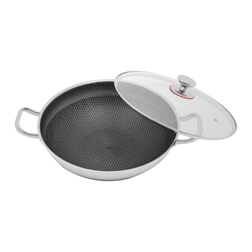 Wtobybt 36cm/14in Stainless Steel Pan with Lid, Double-Handled Frying Pan Hybird Induction Cooking Pans Round Wok for Induction Cookers Electric Ceramic Stoves Electric Stoves