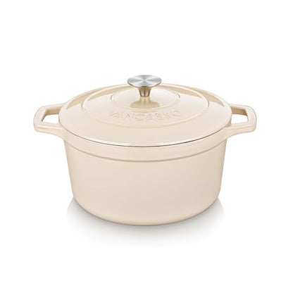 vancasso 2.5 QT Enameled Cast Iron Dutch Oven with Stainless Steel Knob Lid – Small Non-Stick Casserole for Steaming, Baking, and Roasting – Cream Color