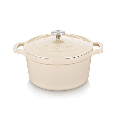 vancasso 2.5 QT Enameled Cast Iron Dutch Oven with Stainless Steel Knob Lid – Small Non-Stick Casserole for Steaming, Baking, and Roasting – Cream Color