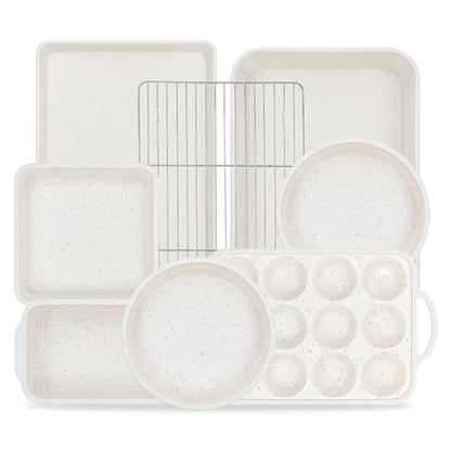 Vinino 8-Piece Baking Pans Set Nonstick, Bakeware Set includes Silicone Muffin, Loaf, Cake Pans with Metal Reinforced Frame, and Carbon Steel Roasting Pan, Cookie Sheet, Cooling rack for Oven-Cream