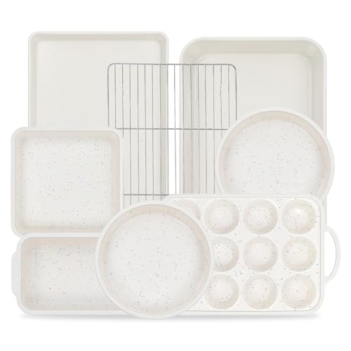 Vinino 8-Piece Baking Pans Set Nonstick, Bakeware Set includes Silicone Muffin, Loaf, Cake Pans with Metal Reinforced Frame, and Carbon Steel Roasting Pan, Cookie Sheet, Cooling rack for Oven-Cream