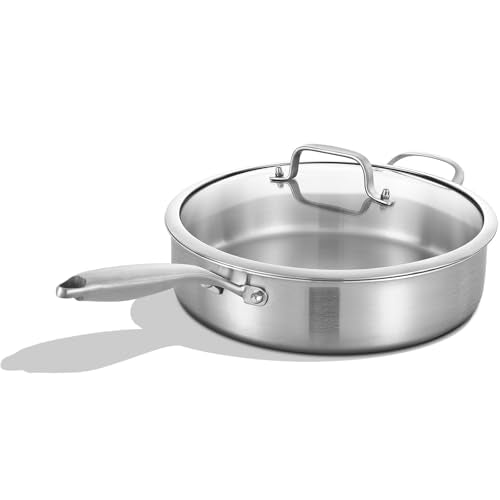 Inqibee 3 Quarts Tri-Ply Stainless Steel Sauté Pan with Lid, 10 inch Induction Cookware Deep Frying Pan Cooking Skillet, Induction Compatible, All Cooktops, Dishwasher and Oven Safe