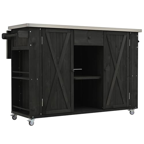 LUMISOL Outdoor Grill Cart with Stainless Steel Top, Farmhouse Kitchen Island with Storage, Fir Wood Rolling Bar Table with Spice & Towel Rack, and a Bottle Opener, Black