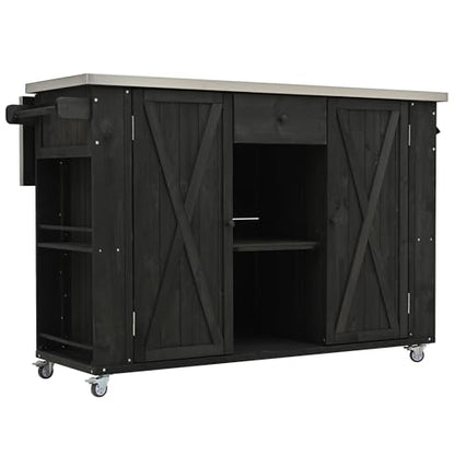 LUMISOL Outdoor Grill Cart with Stainless Steel Top, Farmhouse Kitchen Island with Storage, Fir Wood Rolling Bar Table with Spice & Towel Rack, and a Bottle Opener, Black