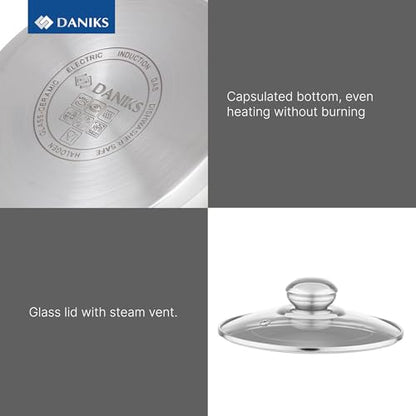Daniks Classic 6-Piece Stainless Steel Cookware Set with Glass Lids, Tri-Ply Bases for Even Heating, Induction Compatible, Dishwasher Safe