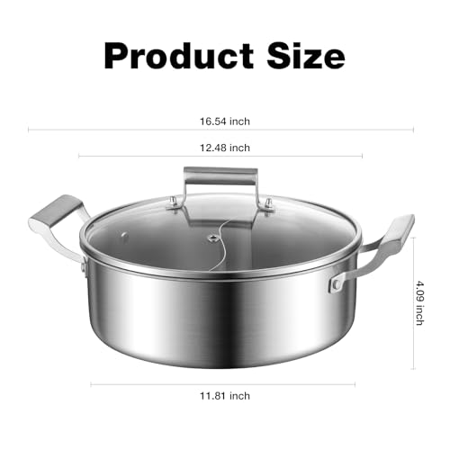 Delarlo 6.8QT Tri-Ply Stainless Steel Double-flavor Shabu Shabu Pot 12 inch Everyday Pan with Lid, Kitchen Induction,Cooking Hot Pot, Oven Safe Stock Pot, Up to 600℉