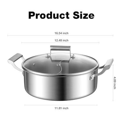 Delarlo 6.8QT Tri-Ply Stainless Steel Double-flavor Shabu Shabu Pot 12 inch Everyday Pan with Lid, Kitchen Induction,Cooking Hot Pot, Oven Safe Stock Pot, Up to 600℉