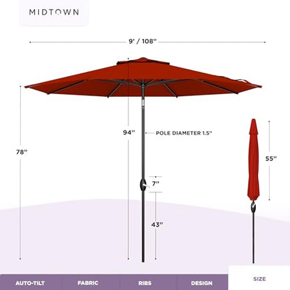 Midtown Umbrellas - 10-Year-No-Fade 9 Ft Patio Umbrella with Terylast Fabric, Auto-Tilt Aluminum Frame and 8 Reinforced Ribs for Deck, Pool, Garden & Beach - Apple Red Canopy, Black Pole