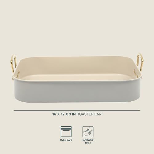 Gibson Home Broxton 2-Piece Nonstick Roaster Pan with Rack – 16 x 12 Inch Taupe Turkey Roasting Pan with Cast Aluminum Gold Handles – Oven-Safe, Easy-Clean, Holiday Cookware