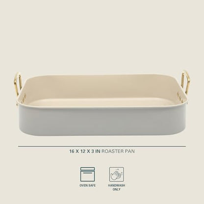Gibson Home Broxton 2-Piece Nonstick Roaster Pan with Rack – 16 x 12 Inch Taupe Turkey Roasting Pan with Cast Aluminum Gold Handles – Oven-Safe, Easy-Clean, Holiday Cookware