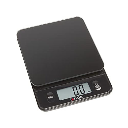 Taylor Glass Top Food Scale with Touch Controls, 11 lb Capacity, Sleek Black Design for Precision Food Measurement in Grams and Ounces