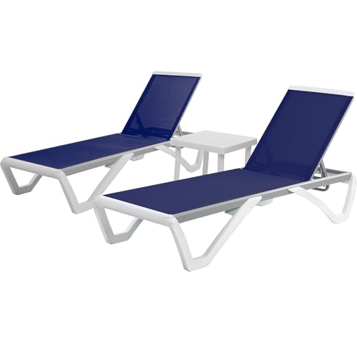Kozyard Outdoor Chaise Lounge Chair, Full Flat Adjustable Patio Lounger with Aluminum Frame & Resin Legs, Textilene Fabric for Poolside, Backyard & Beach (NavyBlue, 2Chairs with Table)