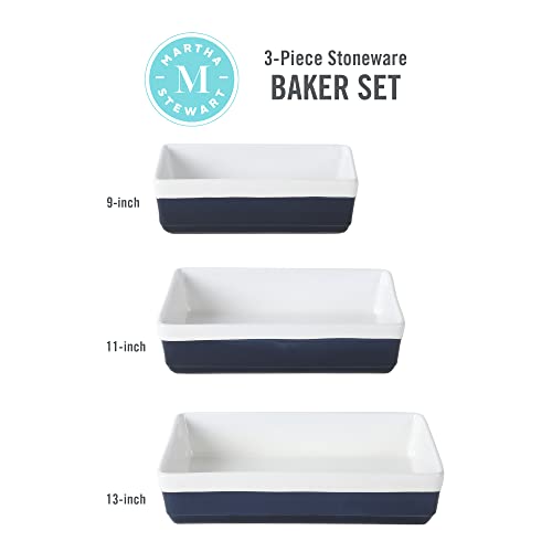 MARTHA STEWART 3-Piece Oven to Table Stoneware Bakeware Set – Baking Dish & Casserole Set – Cobalt Blue – Durable Oven-Safe Bakeware for Baking and Serving