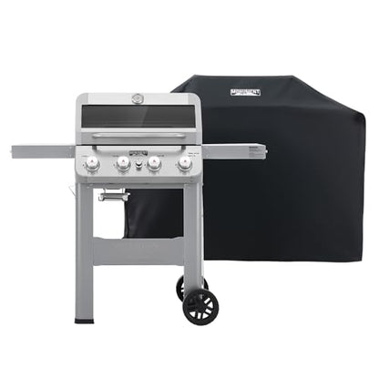 Monument Grills 4-Burner Liquid Propane Gas Grill, Silver Stainless Steel Grill Patio Garden Barbecue Grill with Clearview® Lid and One Foldable Shelf, Mesa400MF with BBQ Cover