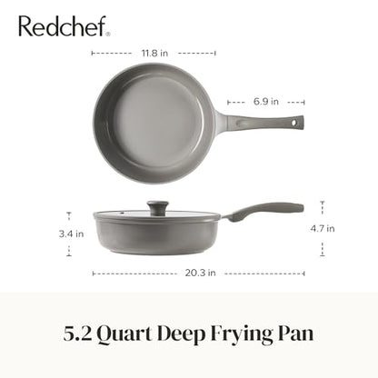 Redchef Ceramic Coated Nonstick Frying Pan with Cover, Large Deep Saute Pan Skillet, Induction Ready, Dishwasher Safe, PFOA PFOS Free, Non Toxic, Glass Lid Large Deep Frying Pan, Grey (5.5Qt, 12")