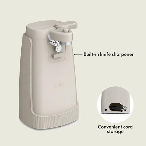 bella Electric Can Opener and Knife Sharpener, Removable Cutting Lever, Cord Storage, Stainless Steel Blade, Oatmilk