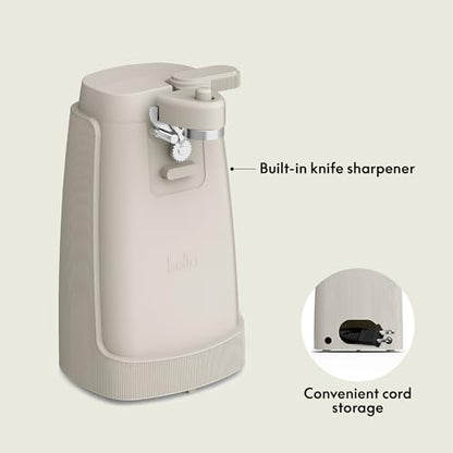 bella Electric Can Opener and Knife Sharpener, Removable Cutting Lever, Cord Storage, Stainless Steel Blade, Oatmilk