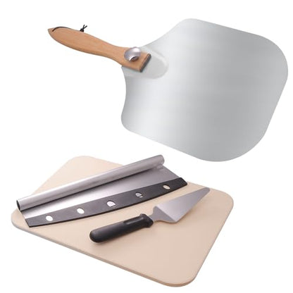15x12" Pizza Stone For Oven & Grill - 12" Aluminum Pizza Peel - Pizza Cutter & Mini Pizza Spatula Set - Perfect For Baking Homemade Pizza, Bread & Pastry