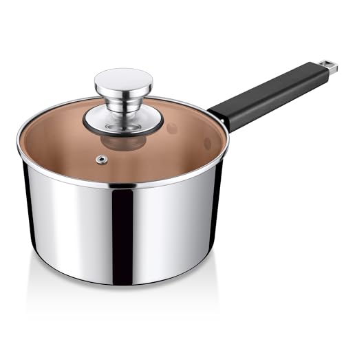 TeamFar 3QT Saucepan with Lid, Stainless Steel Tri-Ply Milk Sauce Pan with Heatproof Handle, Home Induction Pot for Cooking/Boiling/Braising, Non Toxic & Heavy Duty, Dishwasher Safe