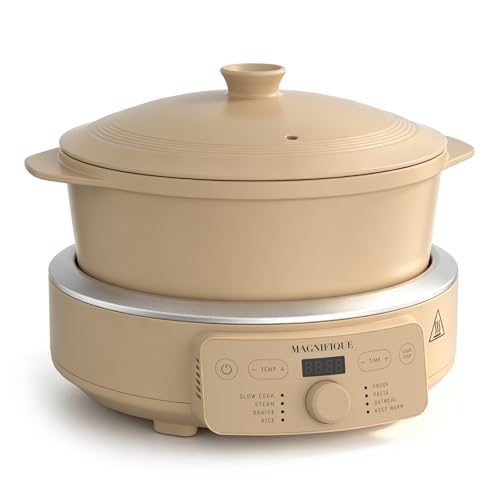 MAGNIFIQUE Slow Cooker, 4.5 Quart 8-in-1 Clay Pot Multi-Cooker, Non-Toxic Slow Cooker with Removable Clay Pot, for Rice, Pasta, Steam & Proof, Nonstick, Oven Safe Pot to 500°F, Brown