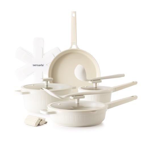 SENSARTE Ceramic Cookware Set Non-toxic 14 Pcs, Nonstick Pots and Pans Set, Dishwasher Safe Induction Cookware, Healthy Kitchen Cooking Set, PFOA/PFAS/PTFE Free