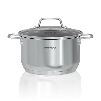 Sunhouse Stock Pot with Lid - 6.5 QT Large Pot for Cooking Pasta, Soup, Spaghetti - Ultra Thick 5-ply Base 18/8 Stainless Steel Pots for Canning, Boiling - Oven Safe & Induction Compatible Cookware