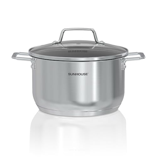 Sunhouse Stock Pot with Lid - 6.5 QT Large Pot for Cooking Pasta, Soup, Spaghetti - Ultra Thick 5-ply Base 18/8 Stainless Steel Pots for Canning, Boiling - Oven Safe & Induction Compatible Cookware