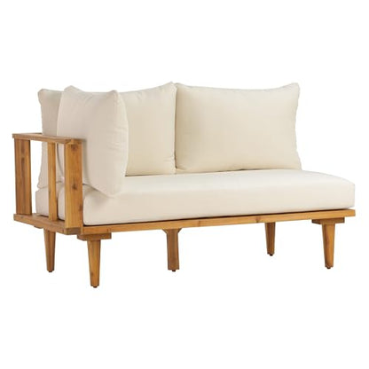 Christopher Knight Home Flynn Acacia Wood Patio Furniture Set, 6-Seater L-Shaped Sectional Sofa Set and Small Coffee Table, Outdoor Conversation Set for Backyard Poolside Balcony, Natural+Beige