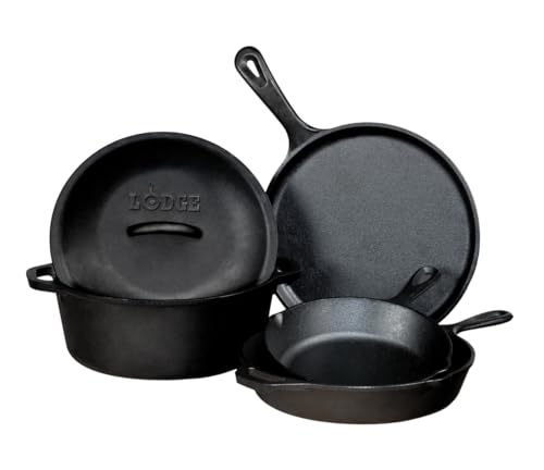 Lodge Cast Iron Set - 5-Piece Set - Pre-Seasoned Kitchen Set - Skillets, Griddle & Dutch Oven Included - PFAS-Free Non-Toxic Cookware