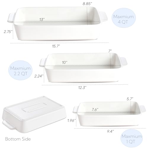 Casserole Dishes For Oven, Ceramic Baking Dishes 15.7"/12.3"/9.4", Large Lasagna Baking Dish with Handle, Ceramic Bakeware Set for Cooking Deep Baking Pan Set of 3 White