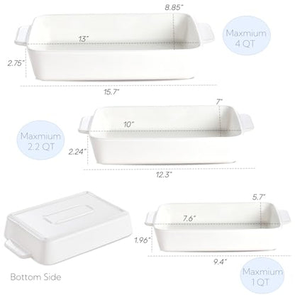 Casserole Dishes For Oven, Ceramic Baking Dishes 15.7"/12.3"/9.4", Large Lasagna Baking Dish with Handle, Ceramic Bakeware Set for Cooking Deep Baking Pan Set of 3 White