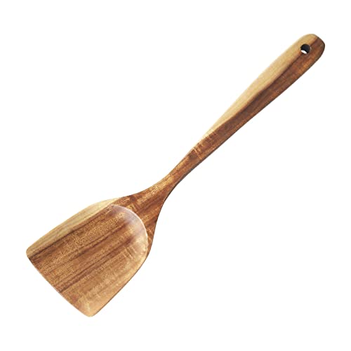 FJNATINH Large Wooden Wok Spatula, 13 Inch Natural Teak Long Handle Turner Coated Natural Resin, Handmade for Non-stick Cookware