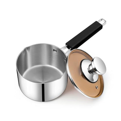 P&P CHEF 1 Quart Sauce Pan and Pot with Lid, Tri-Ply Stainless Steel Saucepan Cookware for Induction & Multi Stoves, Heat-proof Handle & Visible Glass Lid, Dishwasher Safe