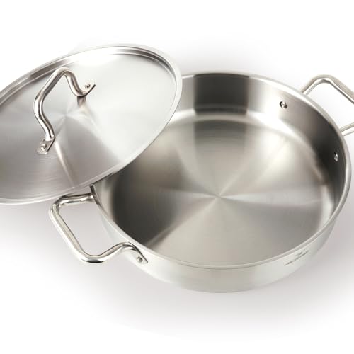 HOMICHEF Braiser Pan 5 Quart with Lid Nickel Free Stainless Steel - Matte Polished Deep Saute Pan Non Toxic - 5 Qt Braiser with Stainless Steel Lid Induction