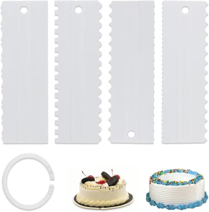 Armrouns 4 Pcs Cream Cake Scraper set, Plastic Decorating Sawtooth for baking, Sided Patterned Edge Stripe Edge Mousse Butter Cake Edge Tools Icing Smoother Kitchen Baking Cake Edge DIY Tool