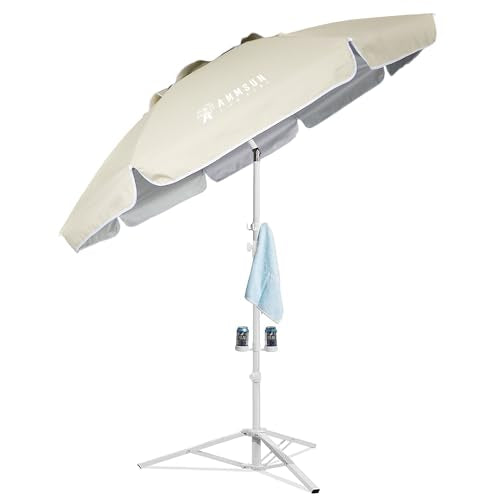 AMMSUN Shade Umbrella, Premium Portable Umbrella with Stand, 6.5ft Lightweight Free Standing Canopy for Sporting Games, Adjustable Instant Sun Protection and Easy to Carry, Beige